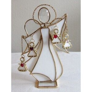 Vintage White Gold Stained Glass Suncatcher Angel Chain Hearts 8.75" READ